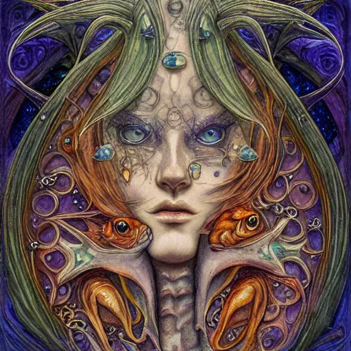 Image similar to detailed and sharp portrait of piscesthe fishes artistic zodiac artwork, mystic style, detailed, 8 k, detailed, symmetrical, by brian froud