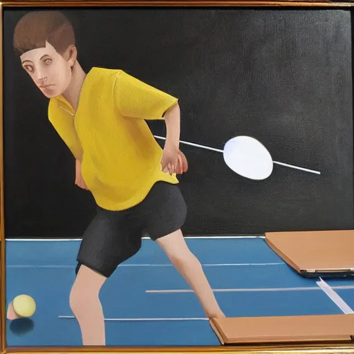 Prompt: Dos gats jugant al ping pong sobre un fons taronja, oil painting