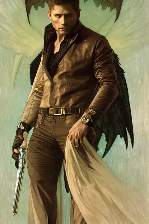 Image similar to a detailed matte portrait of an jensen ackles dressed as the vampire angel from buffy the vampire slayer, masterpiece, 8 k, art by alphonse mucha and greg rutkowski