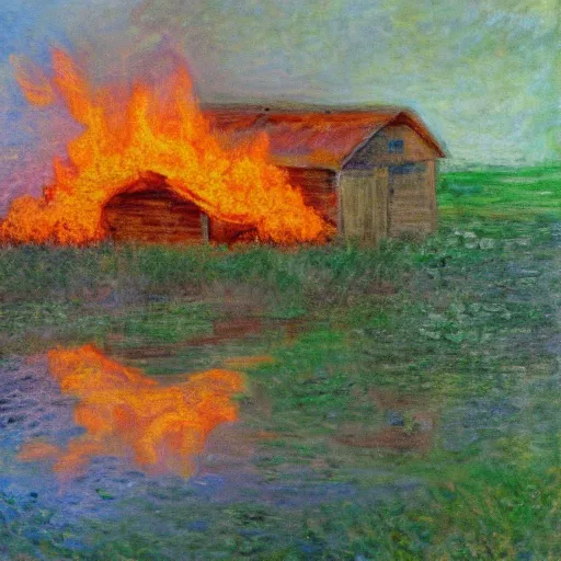 Image similar to a small barn engulfed in flames in the style of Monet