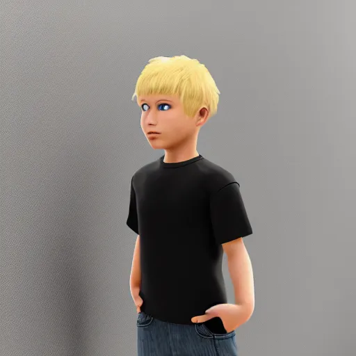 Image similar to a detailed full body image of boy with blonde hair and blue eyes wearing a black tshirt, unreal engine 5 rendered, incredibly highly detailed and realistic, 8 k, sharp focus, studio quality