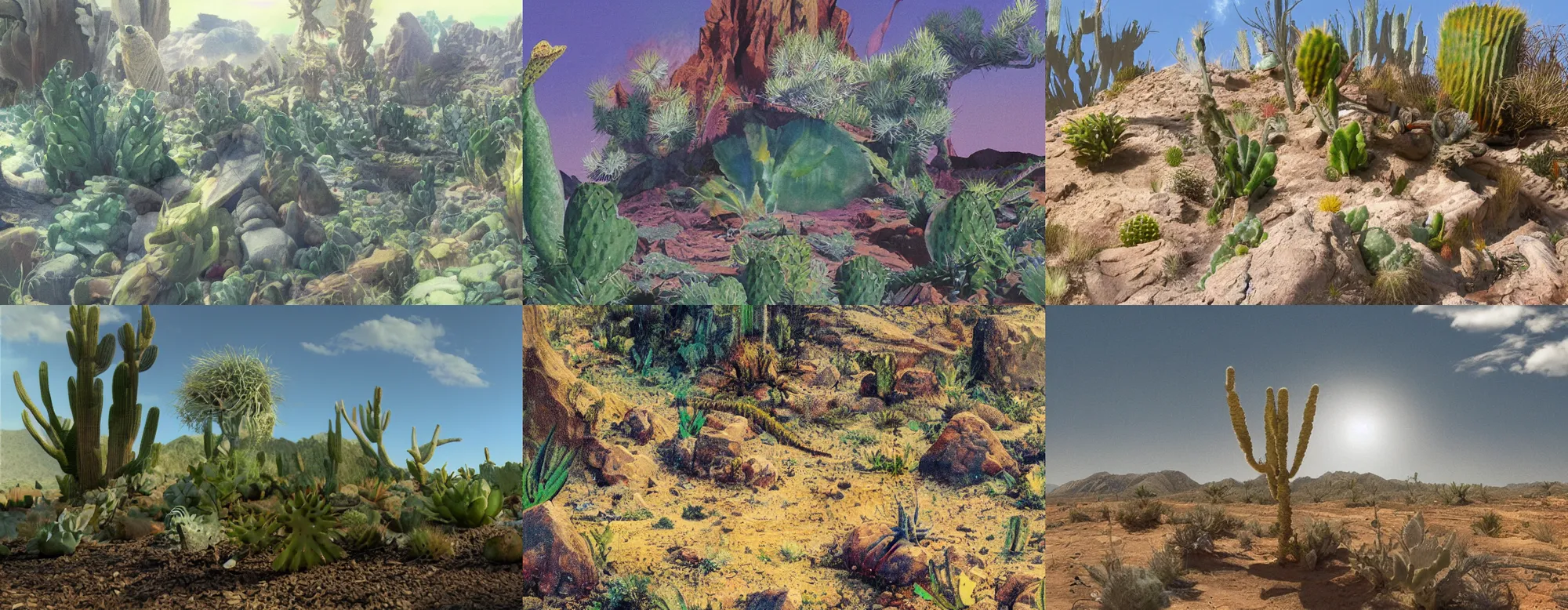 Prompt: Lizard land dreamscape with cactus, shadow ray tracing