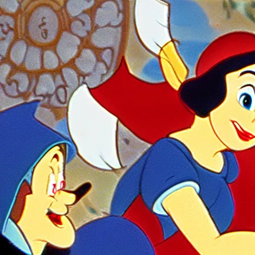 Prompt: close up of snow white and the 7 dwarfs, cinematographic shot, by walt disney cartoon
