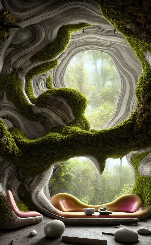 Image similar to highly detailed villa natural beautiful light interior soft cinematic composition of a smooth ceramic porcelain biomorphic magnolia stone nebula fluid sci - fi surreal colorful architecture landscape, furniture, granite, trees, marble, moss, lichen, fungi, vincent callebaut composition, mamou - mani, archviz, 8 k, unreal engine, hdr