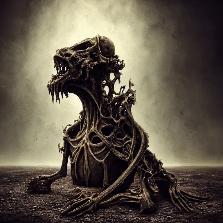 Image similar to ribbed abandoned animal portrait, baroque painting, standing in a desolate empty wasteland, creepy, nightmare, dream-like heavy atmosphere, surreal abandoned buildings, beautiful detailed intricate insanely detailed octane render trending on Artstation, 8K artistic photography, photorealistic, chiaroscuro, Raphael, Caravaggio, Beksinski, Giger