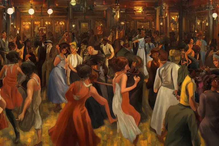 Prompt: beautiful detailed Harlem Renaissance painting painting of a 20s dancing party in ekanite bar that looks like it's from lord of the rings and bazaar by greg rutkowski, marc simonetti,Chris Achilleos,Charles Samuel Addams ,featured on artstation, ultrawide angle,f16