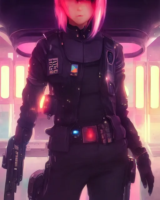 Image similar to anime visual of a police officer, neon, cyberpunk, futuristic, stunning, highly detailed, digital painting, artstation, smooth, soft focus, illustration, art by artgerm and greg rutkowski and alphonse mucha