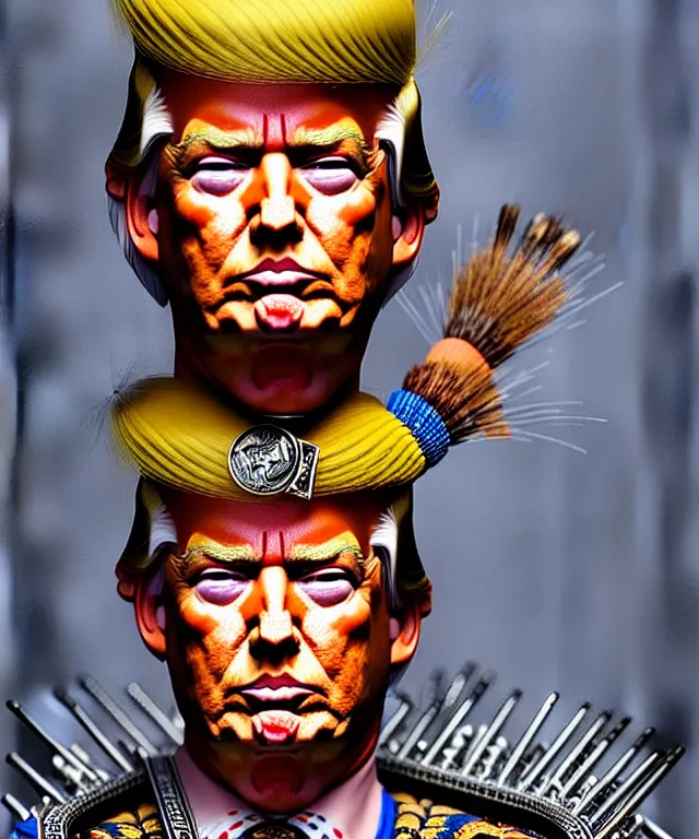 Image similar to hyperrealistic mixed media painting of Donald Trump as a Navajo doll, stunning 3d render inspired art by P. Craig Russell and Barry Windsor-Smith + perfect facial symmetry + dim volumetric lighting, ornate gothic armor, head and shoulders, d&d, arms crossed, serious expression, 8k octane beautifully detailed render, post-processing, extremely hyperdetailed, intricate, epic composition, grim yet sparkling atmosphere, cinematic lighting + masterpiece, trending on artstation, very very detailed, masterpiece, stunning