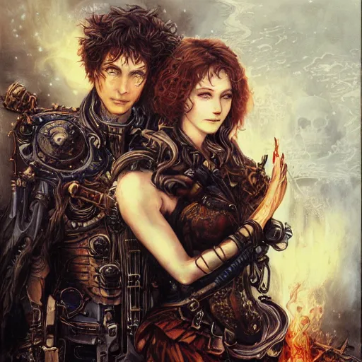 Prompt: a man and a woman standing next to each other in front of fire, an album cover by ayami kojima, cgsociety, international gothic, steampunk, fantasy, gothic