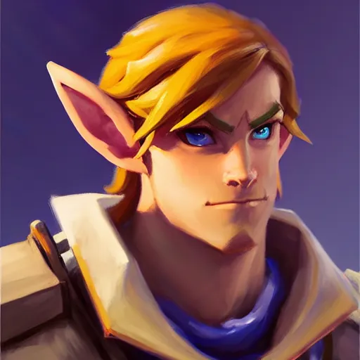 Image similar to Greg Manchess portrait painting of Link from Legend of Zelda as Overwatch character, medium shot, asymmetrical, profile picture, Organic Painting, sunny day, Matte Painting, bold shapes, hard edges, street art, trending on artstation, by Huang Guangjian and Gil Elvgren and Sachin Teng