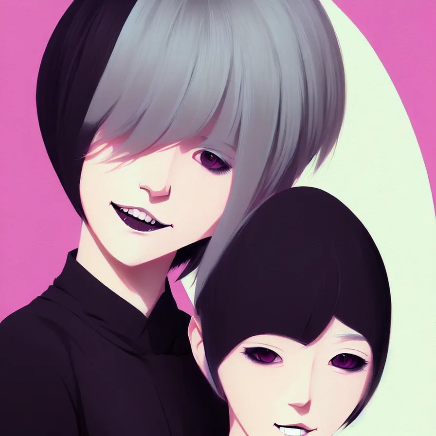 Image similar to urban girl fanart with black facemask, blond bob haircut, muted colors, matte print, pastel colors, ornate, digital art, cute smile, digital painting, fan art, elegant, pixiv, by Ilya Kuvshinov, by Studio Ghibli