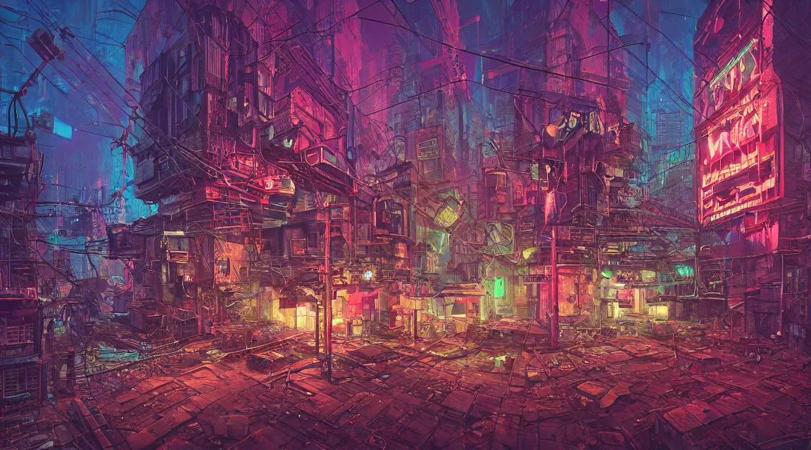 Image similar to post apocalyptic cyberpunk city block buildings, synthwave neon retro, by Vladimir Manyukhin, by Simon Stålenhag, by Zdzisław Beksiński, by Guido Borelli, by Nathan Walsh, by Peter Gric, Wild vegetation, mold, deviantart, trending on artstation, Photorealistic, Incredible Depth, vivid colors, polychromatic, glowing neon, geometric, concept art digital illustration panorama, polished, beautiful, HDR Unreal Engine 64 megapixels IMAX Terragen 4.0, 8k resolution concept art filmic complex utopian mysterious moody futuristic