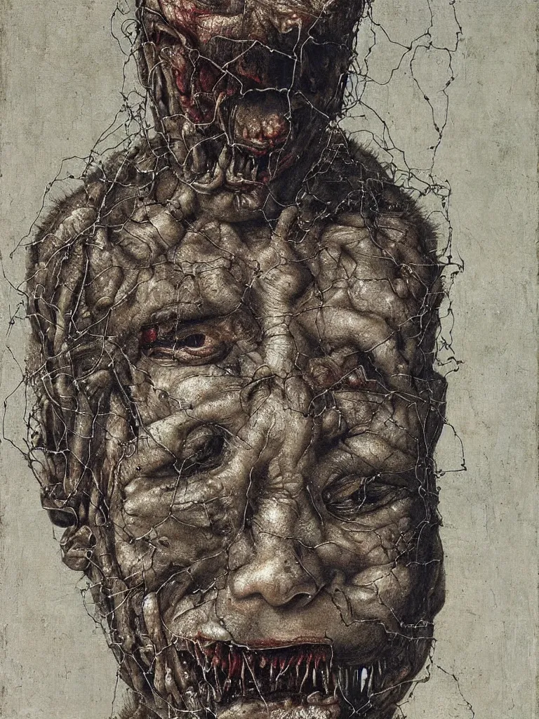 Image similar to a boy made of barbed wire looking into camera, screaming in pain, by giuseppe arcimboldo and ambrosius benson, renaissance, intricate and intense oil paint, a touch of beksinski and hr giger and edward munch, realistic