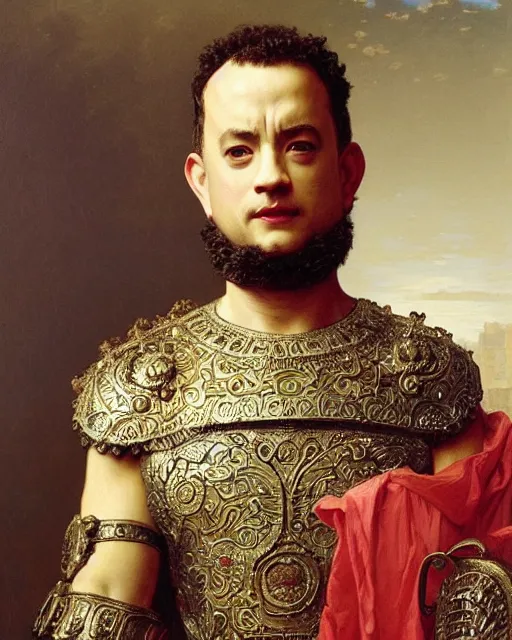 Prompt: Tom Hanks, dressed in ornate, detailed, intricate roman armor, detailed oil painting by William Adolphe Bouguereau