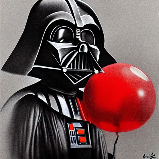 Image similar to surrealism grunge cartoon portrait sketch of darth vader with a wide smile and a red balloon by - michael karcz, loony toons style, clown style, horror theme, detailed, elegant, intricate