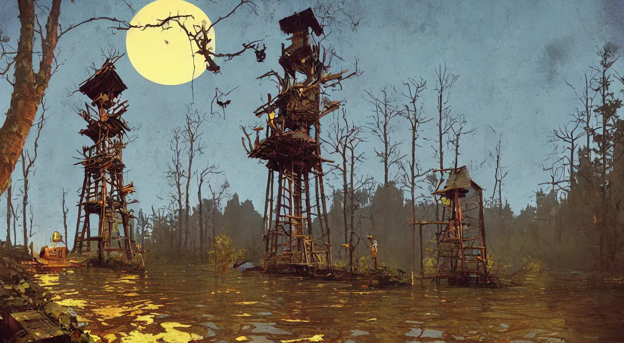 Prompt: single flooded simple wooden tower, very coherent and colorful high contrast ultradetailed photorealistic masterpiece by norman rockwell simon stalenhag james gilleard, dark shadows, sunny day, hard lighting