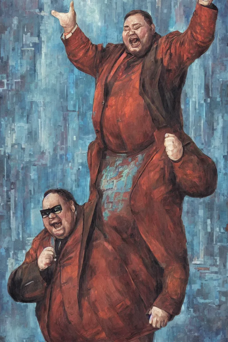 Prompt: fat cyberpunk soviet preacher mid-speech, pointing one finger at the viewer, detailed face and hands, oil on canvas, trending on artstation