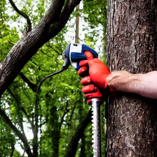 Image similar to man with huge countersink drill bits as hands angrily drilling into trees, photography