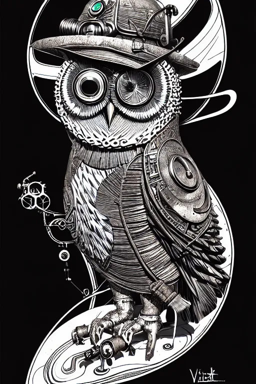 Image similar to side view of a ancient alchemist steampunk owl, high details, lineart, by vincent di fate and joe fenton,, inking, screen print, masterpiece, trending on artstation, sharp, high contrast, hyper - detailed, hd, 4 k, 8 k