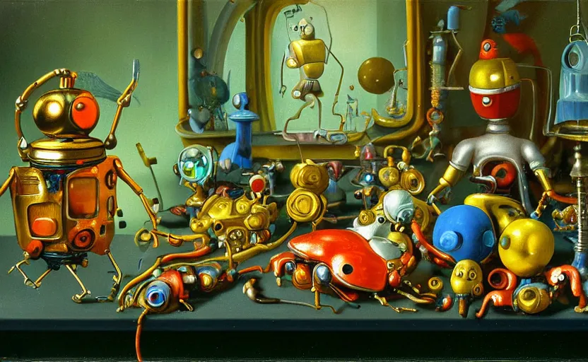 Image similar to strange robot body, disturbing colorful oil painting dutch golden age vanitas still life sparse composition with bizarre objects strange gooey transparent surfaces shiny metal reflections lady bugs rachel ruysch dali todd schorr very detailed perfect composition rule of thirds masterpiece canon 5 0 mm, cinematic lighting, photography, retro, film, kodachrome