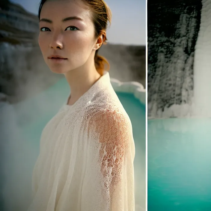 Prompt: Kodak Portra 400, 8K, soft light, volumetric lighting, highly detailed, britt marling style 3/4 ,portrait photo of Kasumi Arimura, the face emerges from Pamukkale, thermal waters flowing down white travertine terraces, inspired by Ophelia paint , a beautiful lace dress and hair are intricate with highly detailed realistic beautiful flowers , Realistic, Refined, Highly Detailed, natural outdoor soft pastel lighting colors scheme, outdoor fine art photography, Hyper realistic, photo realistic