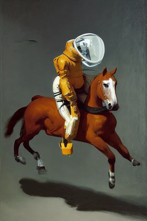 Image similar to a man dressed as a horse riding a horse dressed as an astronaut, hauntingly surreal, highly detailed painting by francis bacon, edward hopper, adrian ghenie, gerhard richter, and james jean soft light 4 k,