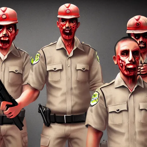 Image similar to zombie police officers ( beige uniform and caps ) wield ( uzis ) in ( brutalist concrete office ) ( glowing red skin ) trending on artstation high detail digital painting 4 k 8 k hd