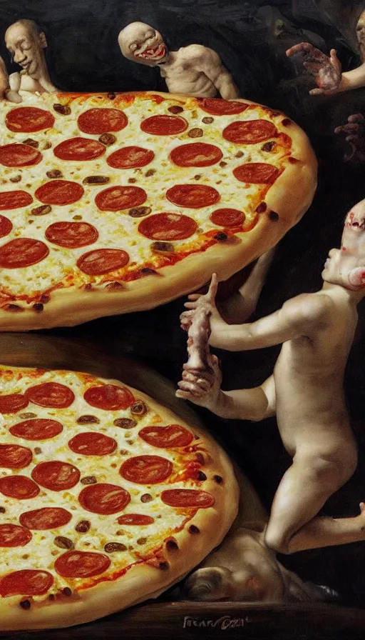 Prompt: oil portrait of evil pizza hut stuffed crust with human limbs as toppings, hyperrealistic, surrealcore, lovecraftian, 4 k by francisco goya