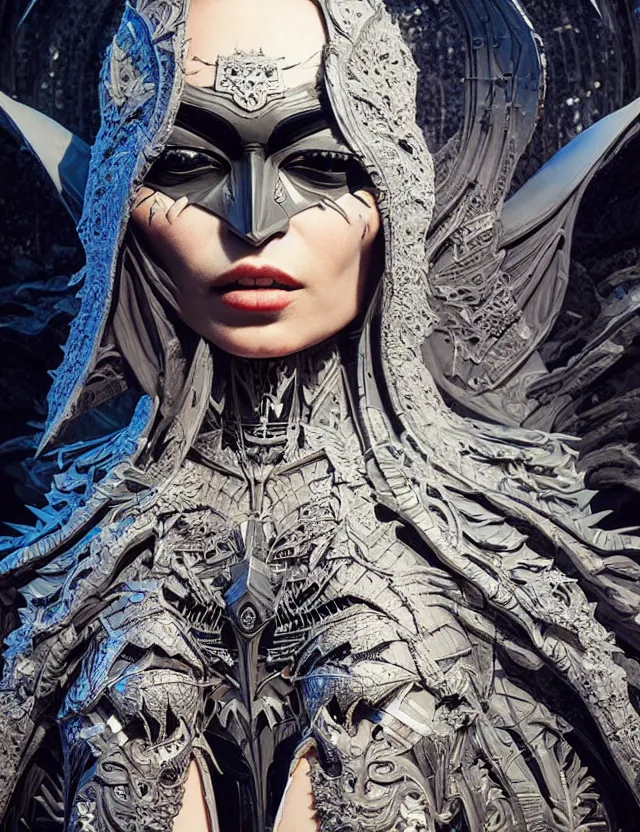 Image similar to 3 d goddess batman, beautiful intricately detailed costume. artwork by giger and dali and beeple and greg rutkowski