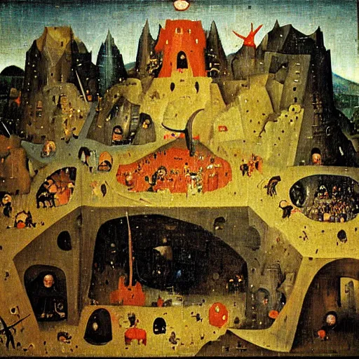 Prompt: night in a minecraft cave, by hieronymous bosch