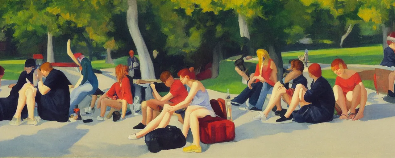 Image similar to an edward hopper style painting of a young generation z group of friends drinking in a park on sundah