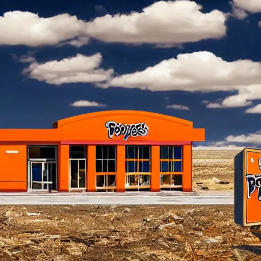 Image similar to a new popeyes chicken location in the middle of a barren wasteland, in the style of van gogh, award winning, desolate except for the popeyes