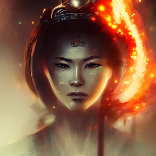 Image similar to beatiful female samurai in front of sparks and smoke in the style of Raymond Swanland, cinematic, artstation