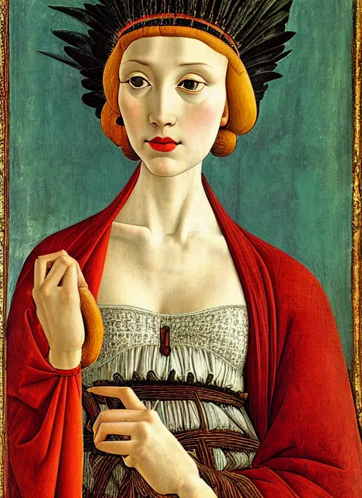 Image similar to portrait of young woman in renaissance dress and high headdress, art by sandro botticelli