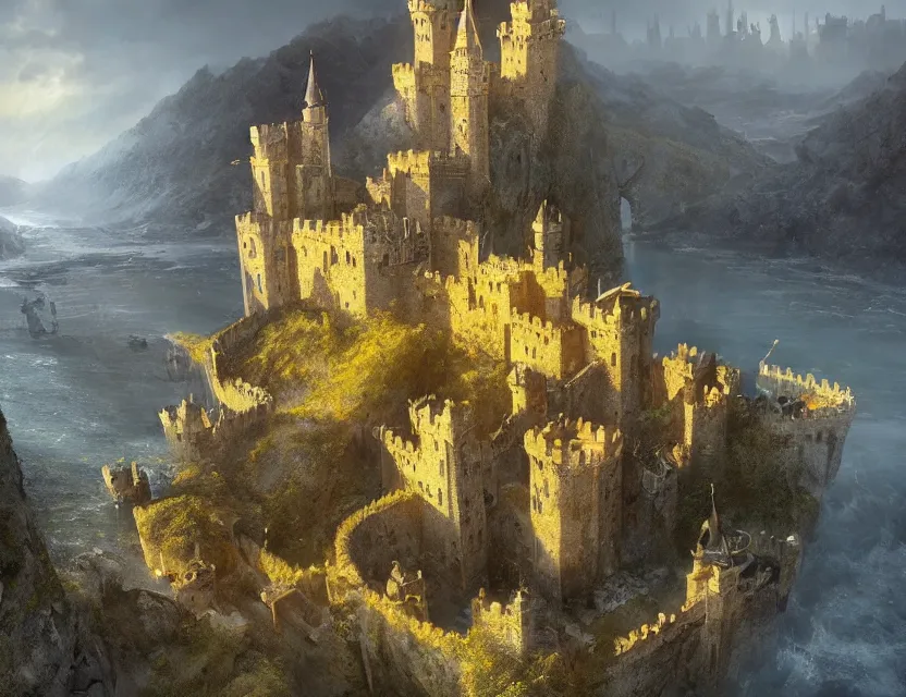 Prompt: High Fantasy solitary Castle!! on a plain near a river, Yellow roofs. Joyful matte painting by Darek Zabrocki and Emmanuel Shiu, 4k ultra detailed, great composition cinematic.
