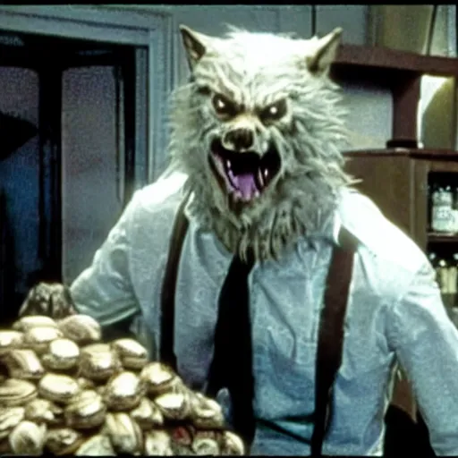 Image similar to film still of a funny looking werewolf with his hand extended, looking at a bag of flour, in an american werewolf in london