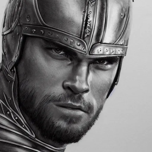 Image similar to a portrait of a medieval knight drawn in the style of jim lee, face of chris hemsworth with a short beard and short blonde hair, trending on artstation, realistic, detailed