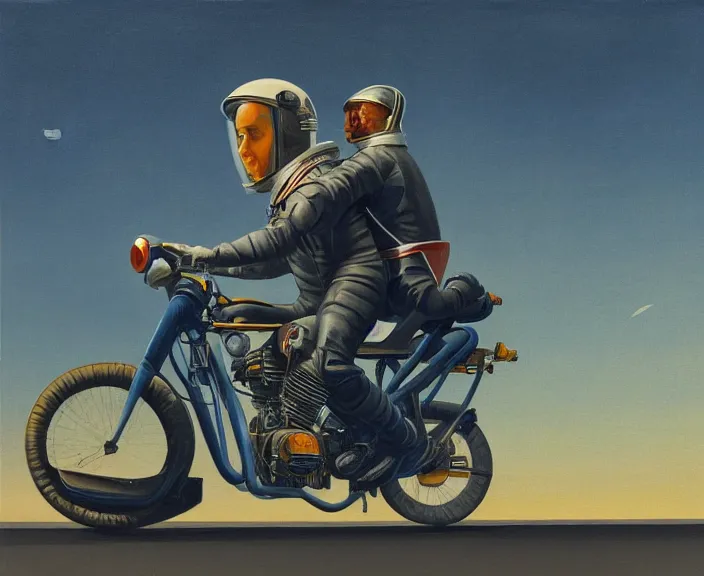 Image similar to a very detailed painting of a astronaut wearing a suit, riding a motorbike down a street, harley davidson motorbike, worm's - eye view, very fine brush strokes, very aesthetic, very futuristic, in the style of edward hopper and grant wood and syd mead, 4 k,