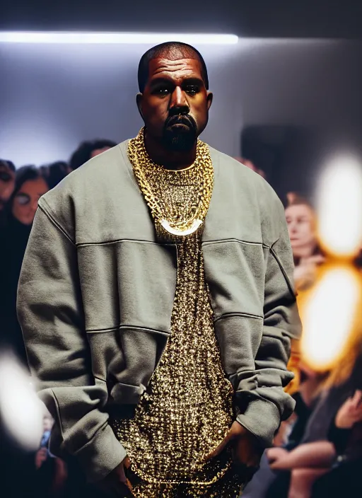 Prompt: Kanye West wears a diamond encrusted cheeseburger on a chain to Rowley Regis fashion week, movie still, cinematic lighting, dramatic, octane render, long lens, shallow depth of field, 8k, hyper detailed