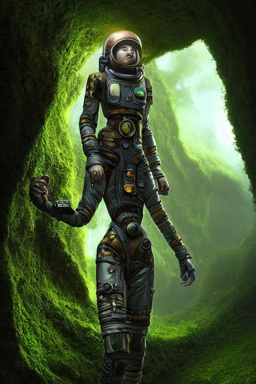 Prompt: a half body portrait of a futuristic steampunk female astronaut full body, symetrical young face steampunk astronaut walking inside a very lush mossy cave by Bastien Lecouffe-Deharme and marc simonetti natural volumetric lighting, realistic 4k octane beautifully detailed render, 4k post-processing