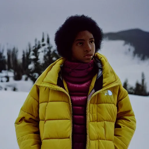 Image similar to realistic! photoshoot for a new the north face lookbook, color film photography, portrait of a beautiful woman wearing a puffer jacket, photo in style of tyler mitchell, 35mm