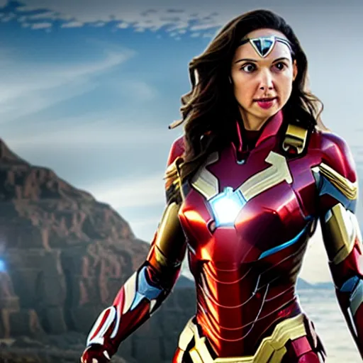 Image similar to film still of Gal Gadot as Ironman in the new Avengers film