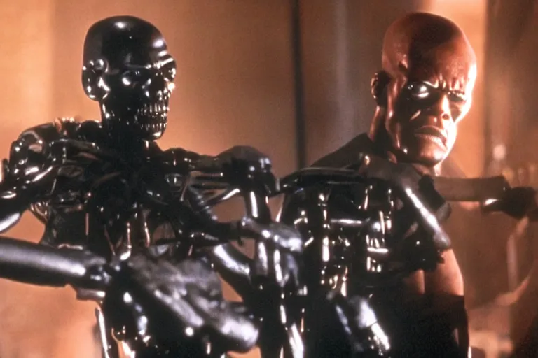 Prompt: Samuel L. Jackson plays Terminator and his endoskeleton is visible, portrait, scene from the film