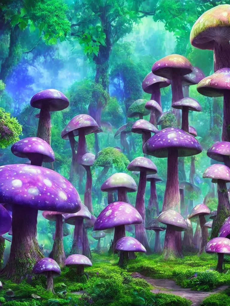 Prompt: a beautiful otherworldly fantasy landscape of giant mushroom trees forming canopies over bright colorful mythical floral plants, like alice in wonderland, rendering, cryengine, deep glowing color, blue and purple and green colors, vray render, cinema 4 d, cgsociety, bioluminescent