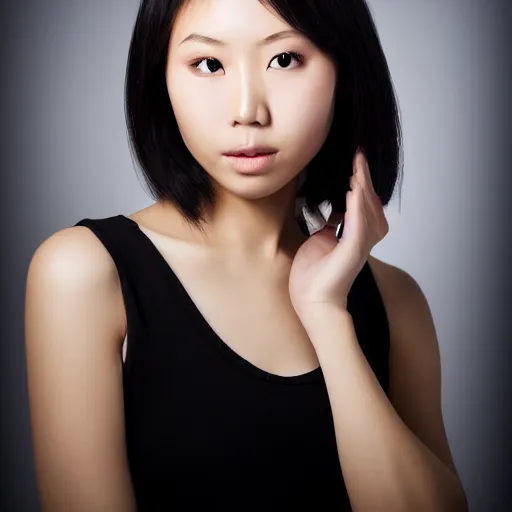 Prompt: a beautiful asian woman with high cheekbones. Studio photography