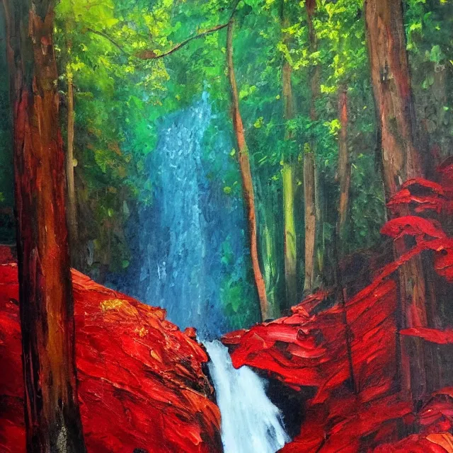 Prompt: red waterfall in a colorful forest, oil painting