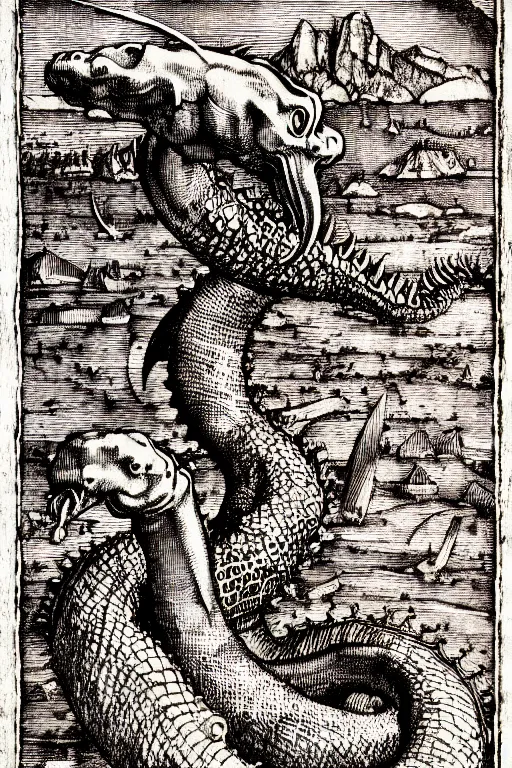 Prompt: ogopogo monster of the apocalypse, pen and ink illustration / renaissance woodcut by albrecht durer 1 4 9 6, 1 2 0 0 dpi scan, ultrasharp detail, hq scan, intricate details, stylized border