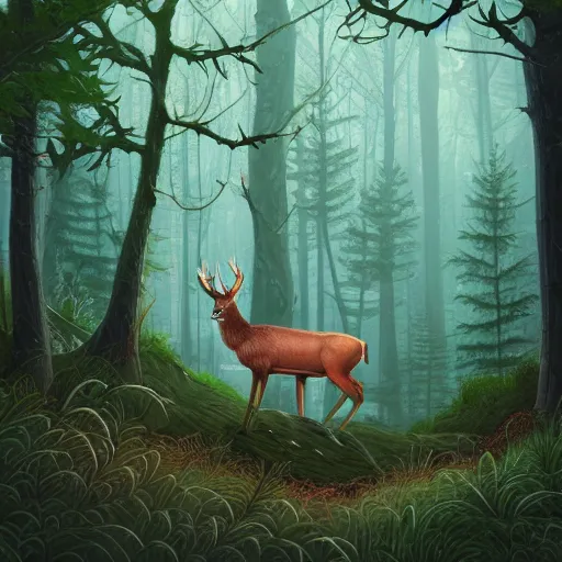 Prompt: stag in a forest by sylvain sarrailh and william joyce, weirdcore folk album cover artstation behance hd unsplash contest winner