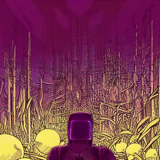 Image similar to Stunningly intricate illustration of single cyberpunk explorer overlooking lush forest, highly detailed, midnight, small glowing orbs by Moebius,