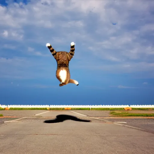 Prompt: a cat jumping off a plane, photography